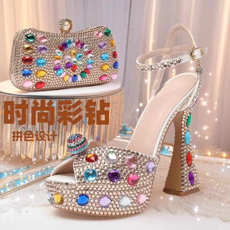 Sandals with high heel 14 cm to fish mouth, sandals with high heel wide mouth, wedding sandals with rhinestones