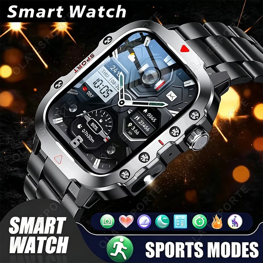 Smartwatch Militare da Uomo con Torcia, Monitoraggio della Salute, Impermeabile, per Sport all'Aperto, Fitness, Chiamate Bluetooth, Smartwatch per Uomini e Donne HW12