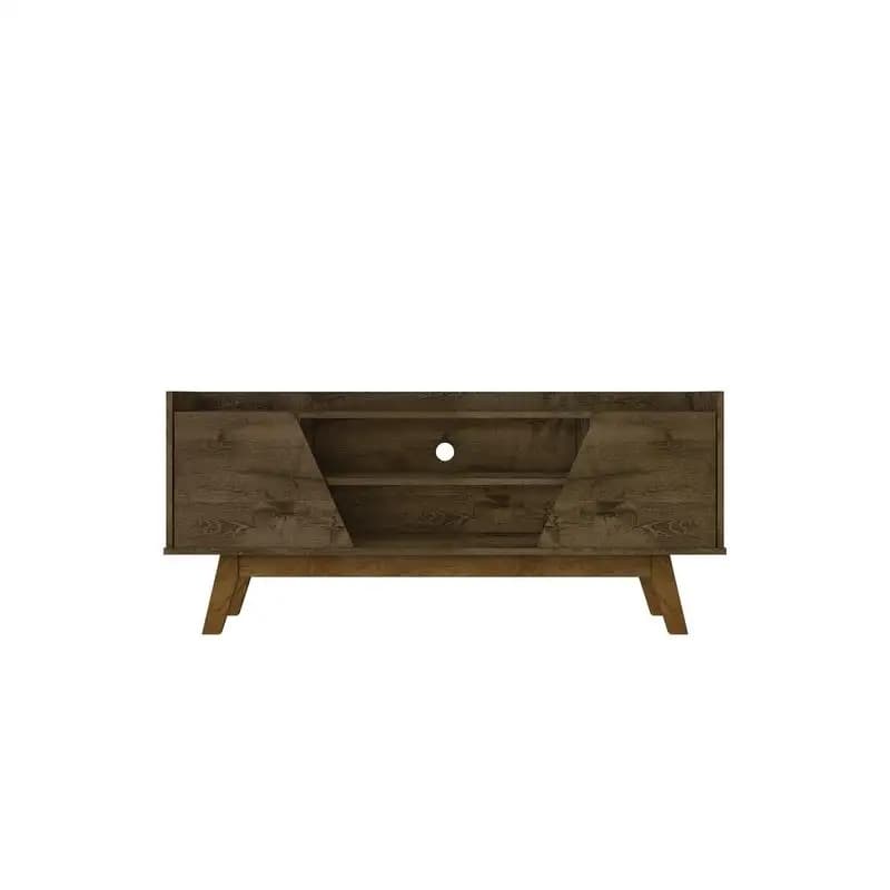 Porta TV Mid-Century moderno 53 con gambe in legno massello in finitura marrone rustico per riporre e esposizione nel soggiorno