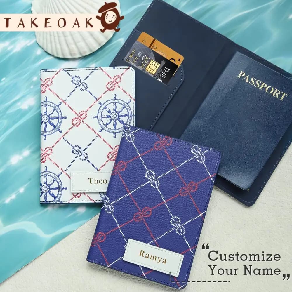 Personalized Nautical Passport Cover with Label Custom Name Pu Leather Passport Holder Travel Wallet for Men Women Travel Gifts