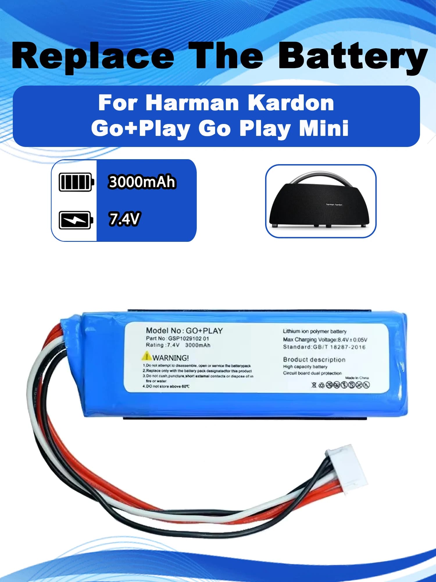 CP-HK06 GSP da 7,4 V 1029102 01 Batteria sostitutiva per Harman Kardon Go+Play Go Play Mini altoparlante wireless Bluetooth