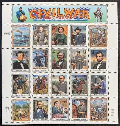 Year 1995 United States Post Stamps Postage Civil War Full Set All New 20 Collectible Postage Stamps Material For Scrapbooking