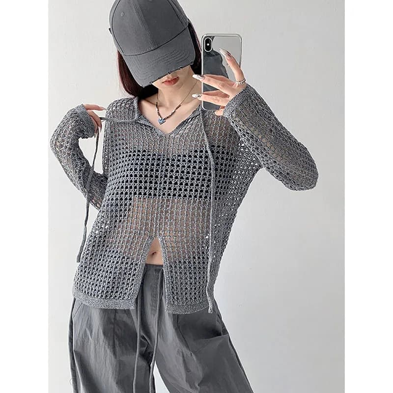 Streetwear Y2K Fishnet Crochet Tops Female Fashion Hollow Out Split Sun-Proof Pullovers Sexy See Through Mesh Clubwear Knitwear
