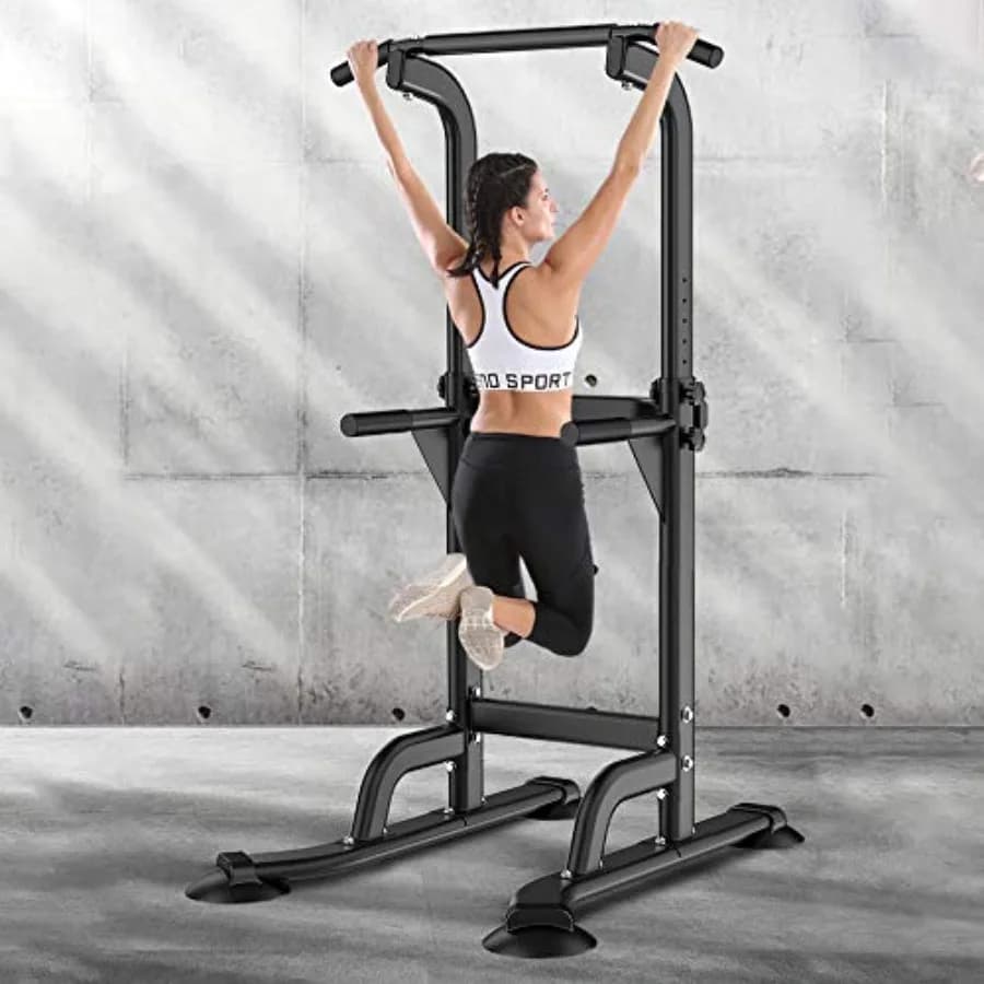 Power Tower Dip Station with Home Gym Traction Bar, Adjustable Height, Strength Training Equipment, Black