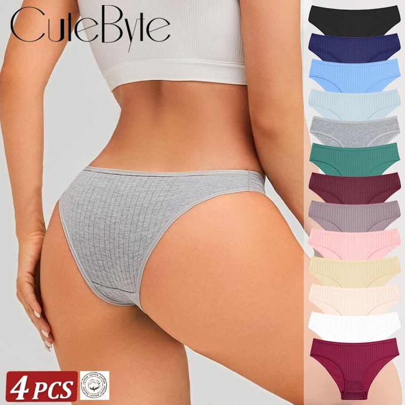 4PCS/Set Women Cotton Panties Sexy Low Waist Underwear Soft Striped Lingerie Solid Color Briefs Female Comfortable Stretch Panty