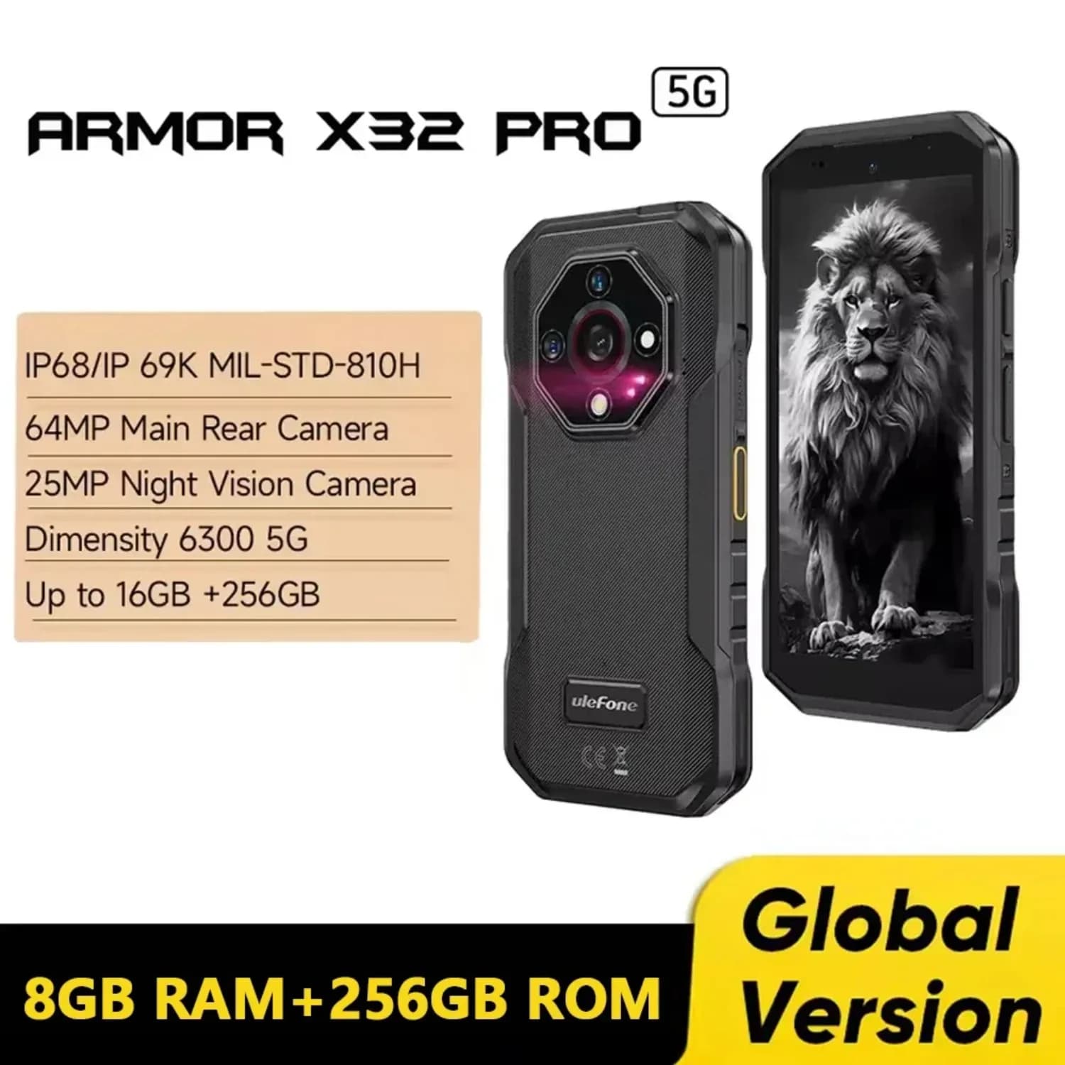 Ulefone Armor X32 Pro 5G Telefono robusto 8GB 256GB 5.65" Android 14 MediaTek Dimensity 6300 Octa Core Visione notturna Smartphone NFC