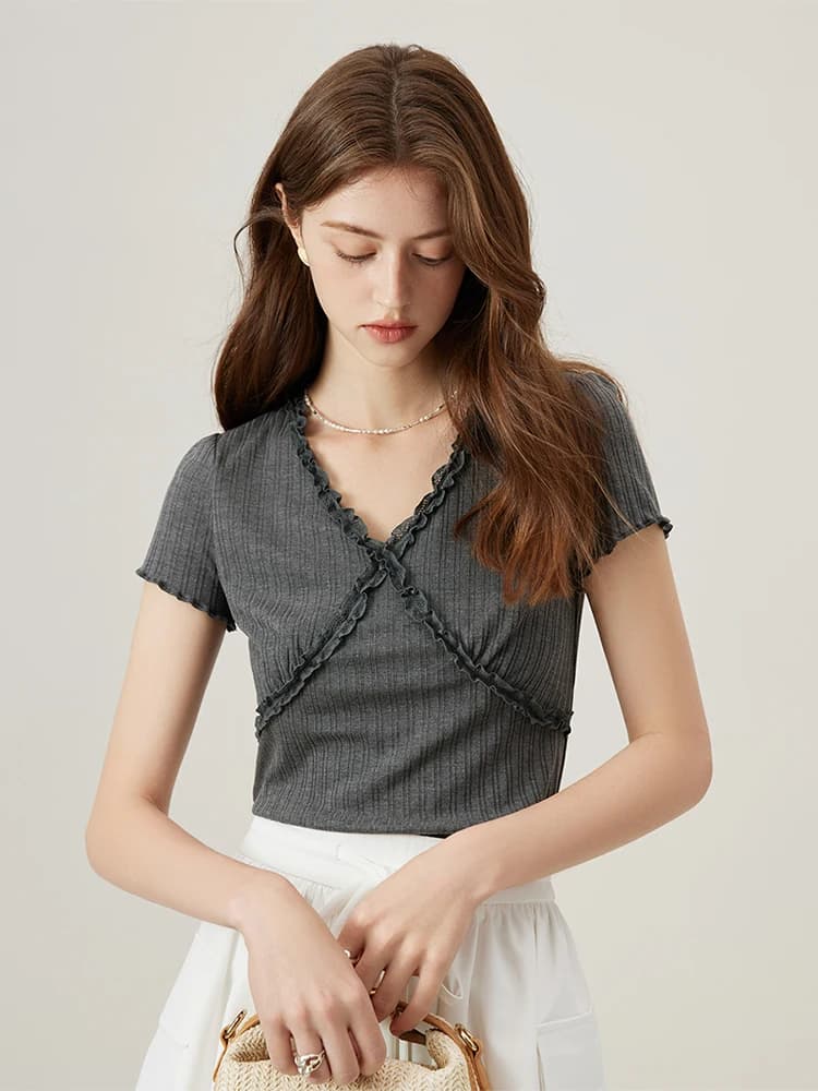 FSLE scollo a v lavorato a maglia t-shirt corte Slim pizzo Patchwork Design estate sottile manica corta maglia top donna t-shirt bianca 24 fs12493
