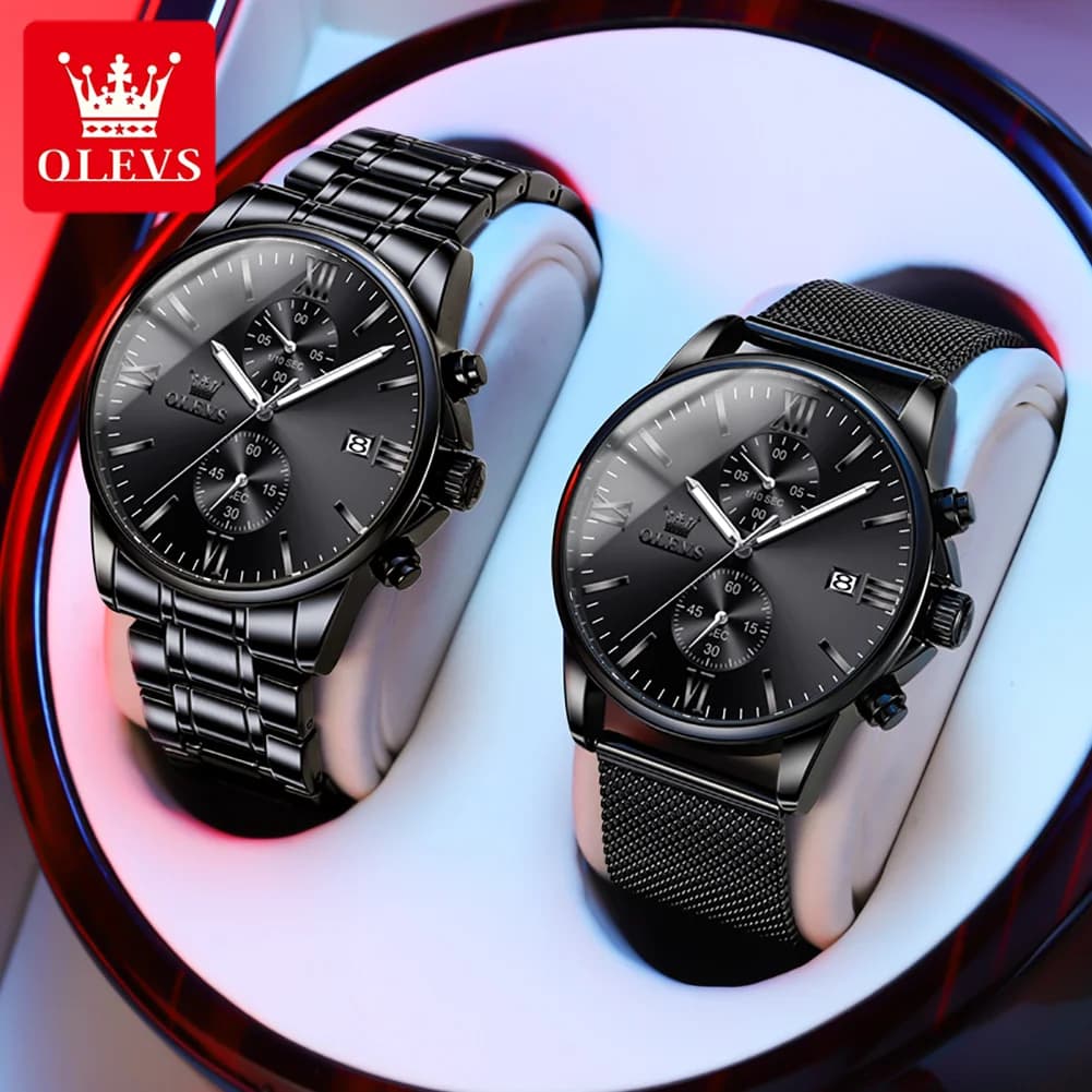 OLEVS Orologio al quarzo da uomo Orologio da uomo al quarzo di lusso in acciaio inossidabile nero con data luminosa impermeabile Orologio da uomo al quarzo