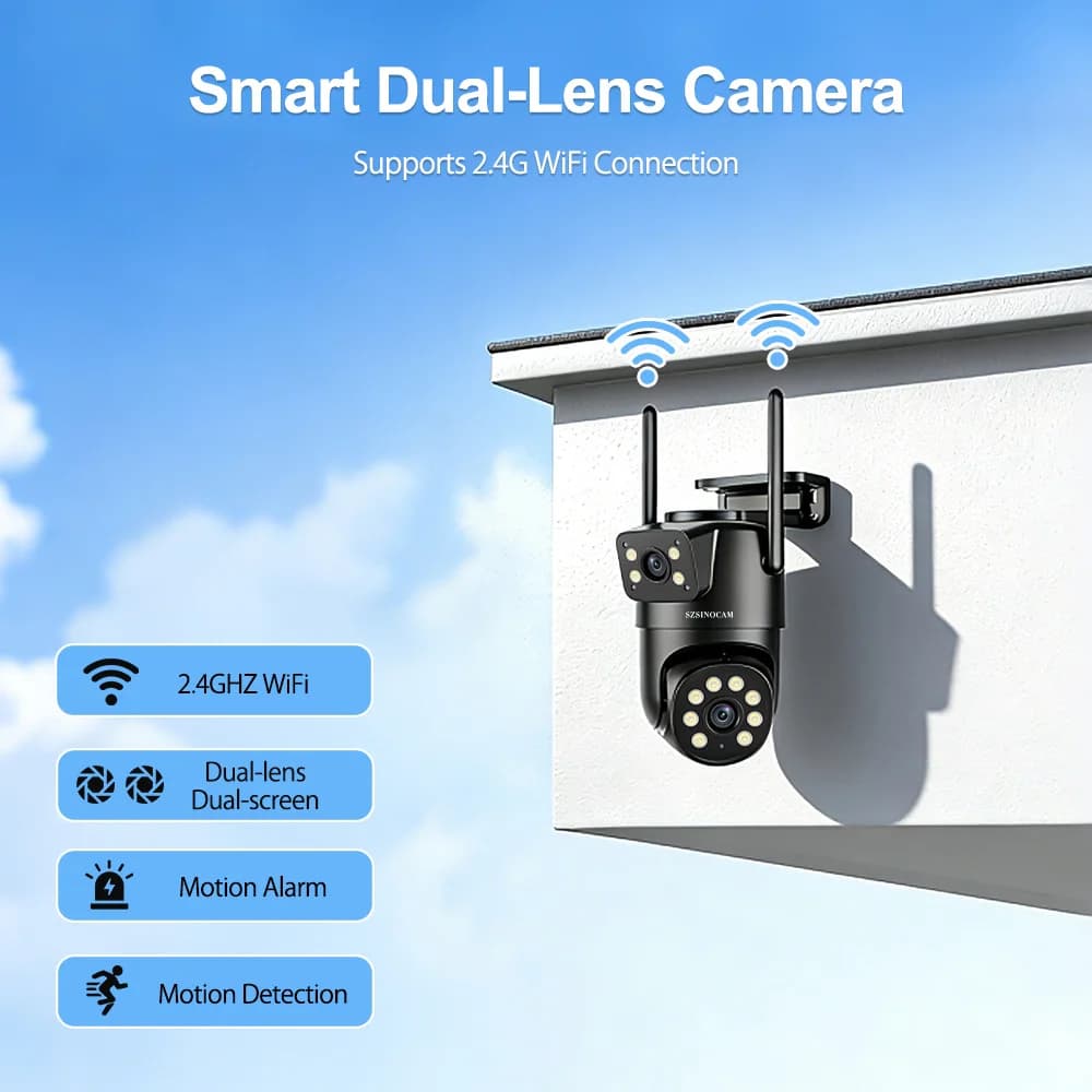 PTZ WiFi 4K 3MP HD camera for Exterior with Double Lens and Double Screen, Automatic AI connection, CCTV IP camera for Audio and Video surveillance