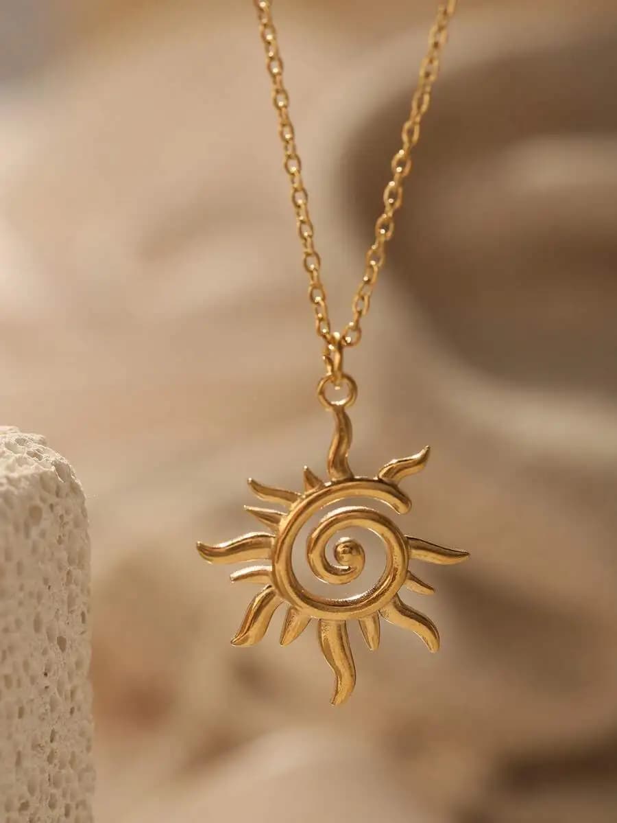 1pc Simple 18k Gold Plating Stainless Steel Sunburst Sun Ray Delicate Pendant Women Necklace Sprial Pendant Collarbone Chain For
