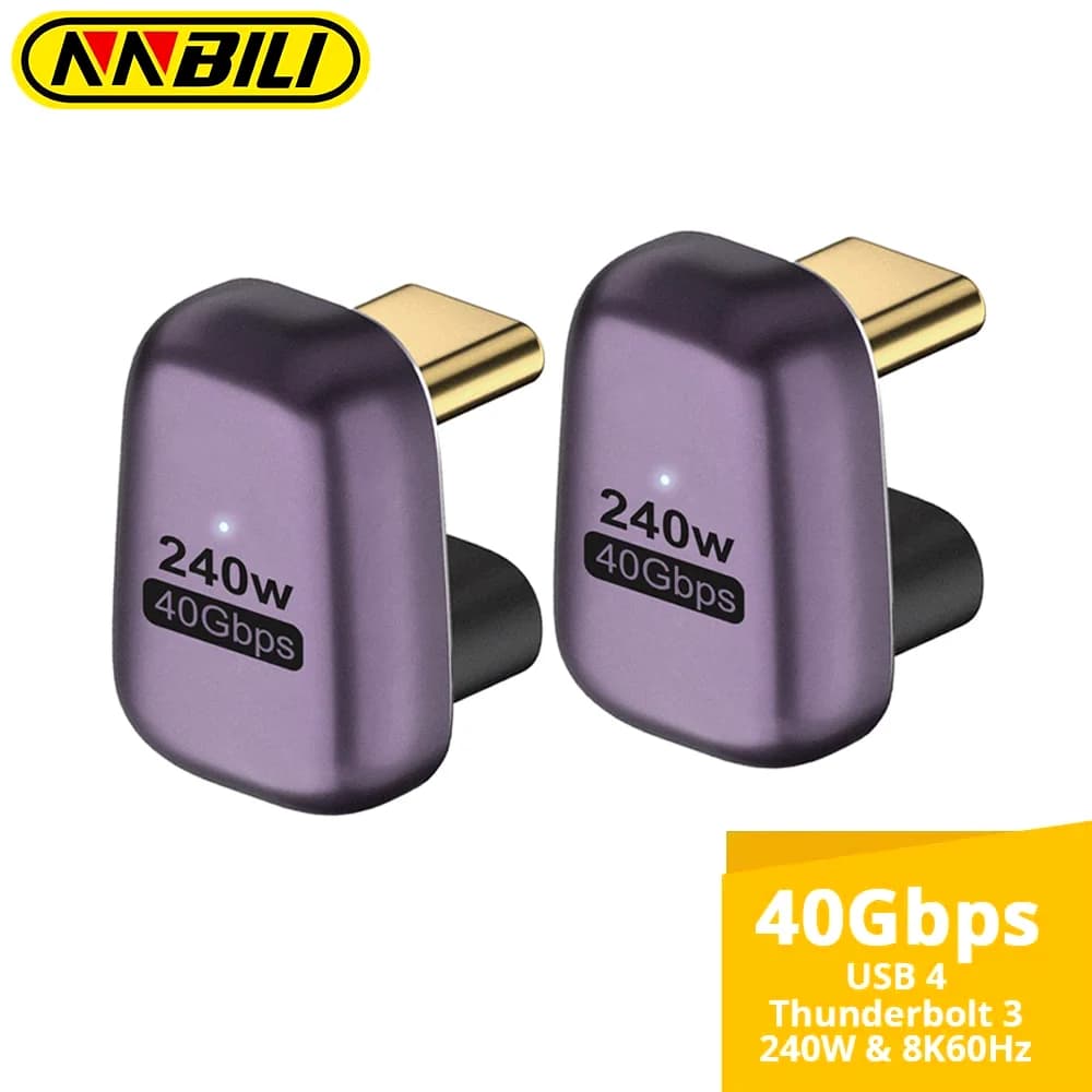 NNBILI 1-2PCS 240W USB C 180° Adapter U Shape Type C Male to Female 40Gbps Connector for Thunderbolt MacBook Laptop Tablet