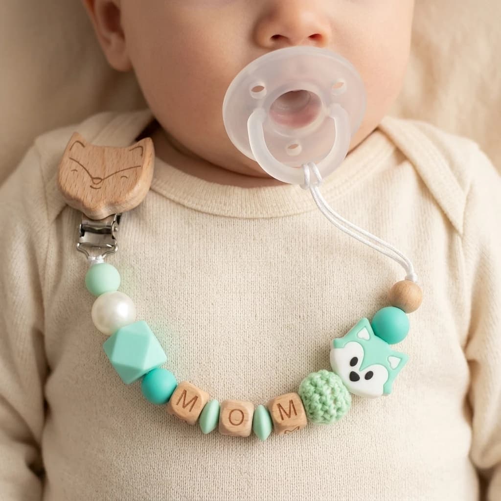 Personalized Wood Fox Pacifier Clip Custom Name Dummy Chain Mint Silicone Beads BPA Free Handmade Baby Teether Holder