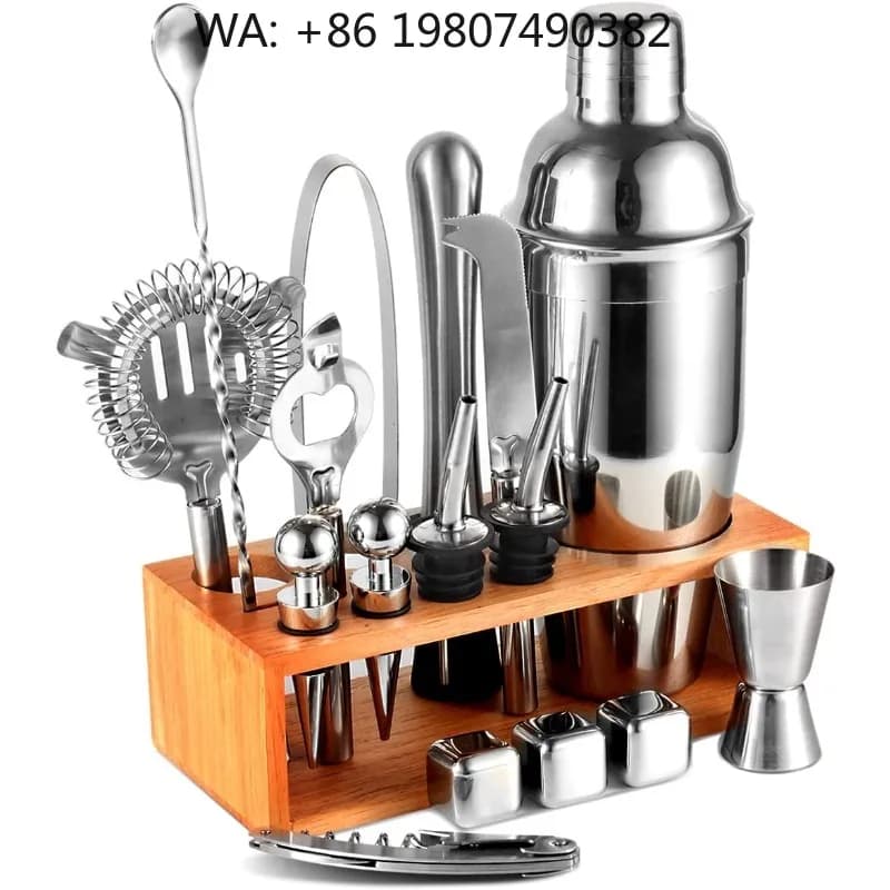 17 pieces Stainless Steel Bar Mixing Kit With Bamboo Stand, Boston Cocktail Shaker Full Tools For Professional Beginner Bartende
