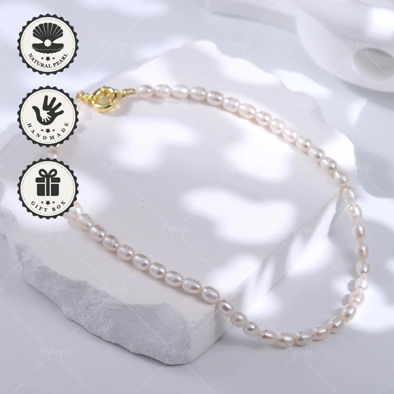 Collana di perle d'acqua dolce Mysoya White Rice da 5-6 mm con chiusura marina dorata e confezione regalo, regalo di San Valentino o di compleanno per lei