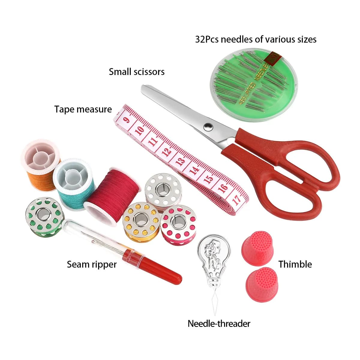 Kit da cucito da 100 pezzi per macchina da cucire, scatola per cucito, rocchetti di filo, bobine, aghi, set di strumenti, plastica, metallo, cotone, colore casuale