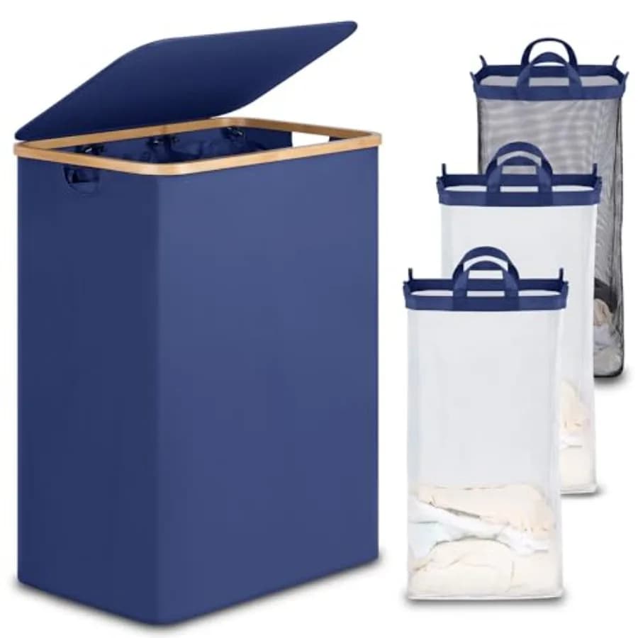 Laundry Hamper with Lid, Trio Laundry Basket with 2 Removable Bags, 3 Section Laundry Bin with Bamboo Handles for Bathroom, Bed