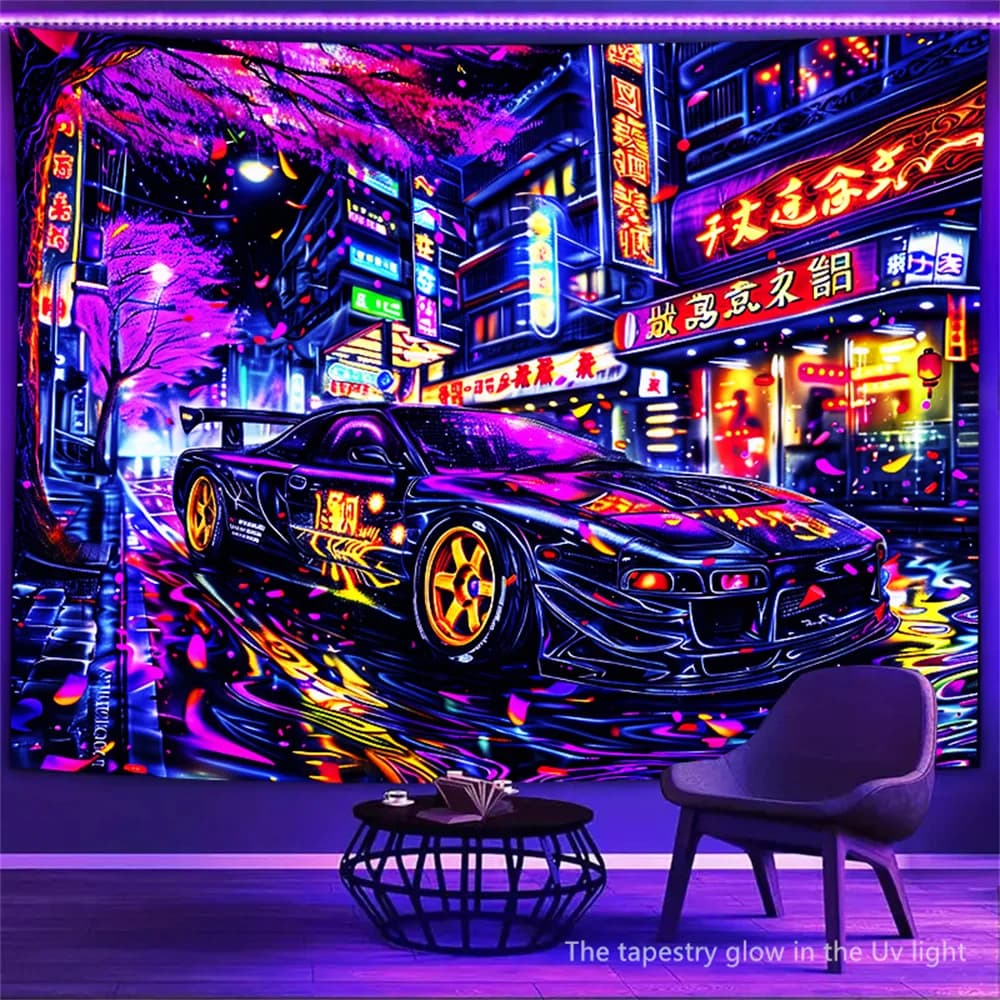 Racing UV Blacklight Fluoresce Arazzo Decorazione della stanza Anime illuminato al neon Auto Estetica Appeso a parete Decorazioni per feste Fondali in tessuto