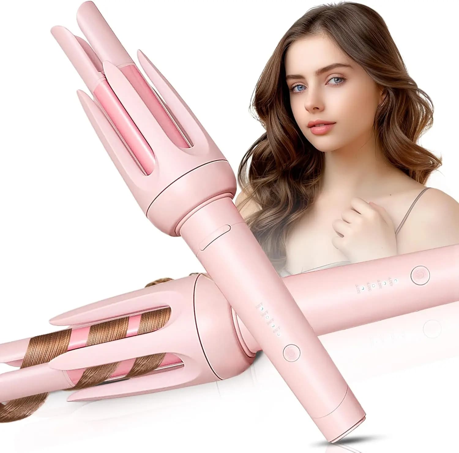 Arricciacapelli Automatico, Ferro Arricciacapelli Automatico con 4 Temperature e 3 Timer, Spegnimento Automatico, Anti-Scottatura, Anti-Groviglio, Rosa