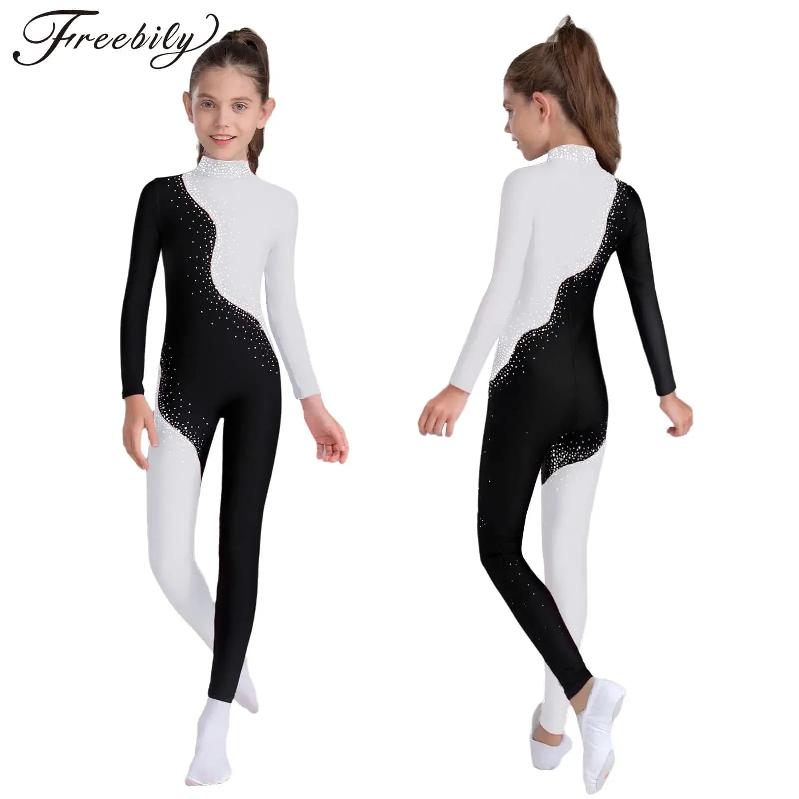 Bambini Ragazze Strass Lucido Pattinaggio di Figura Ginnastica Body Balletto Danza Acrobazie Yoga Tuta Manica Lunga Cerniera Tuta
