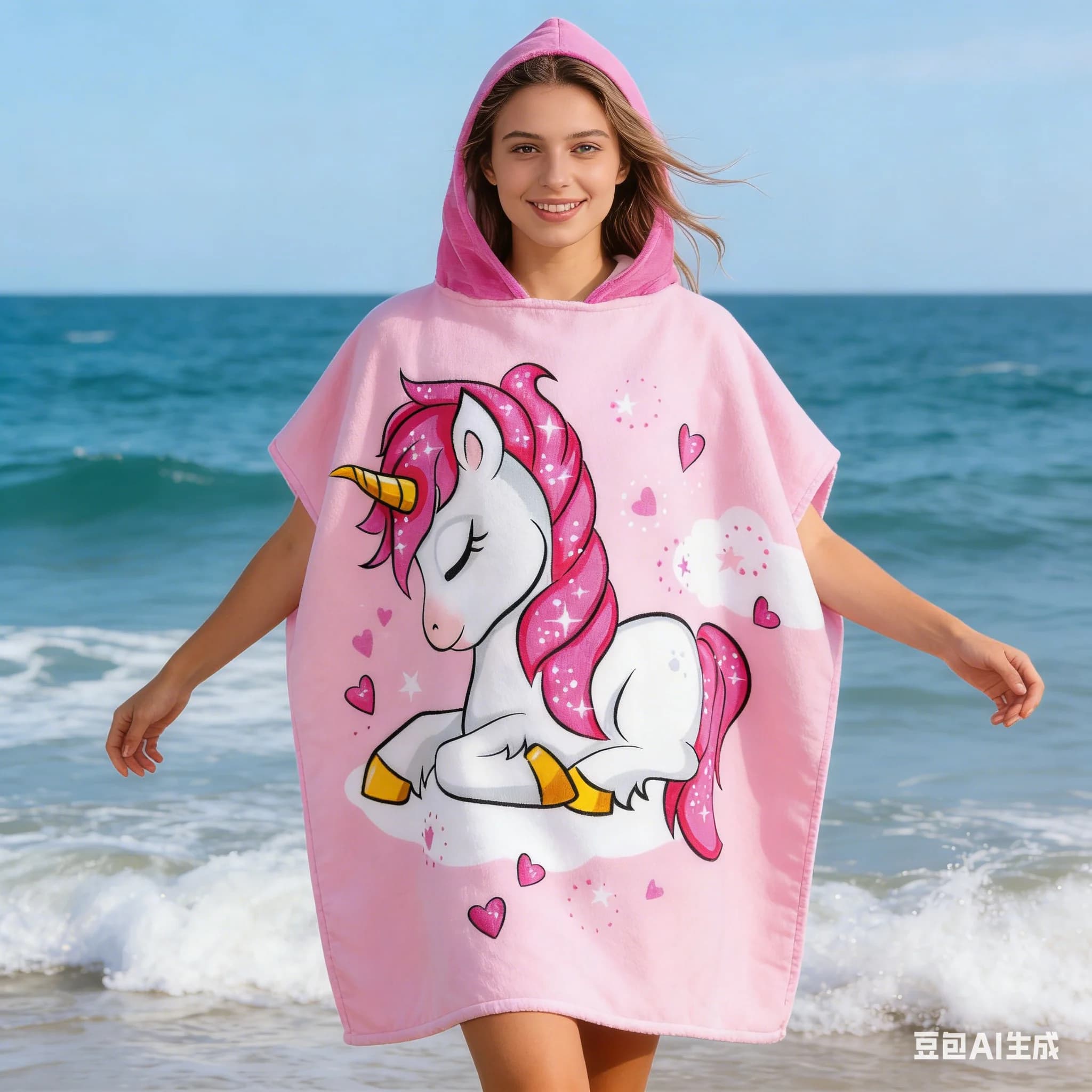 Beach Bathrobe with Unicorn Shape Hood, Fast Drying Microfiber Towel, Pink Beach Poncho, Pool, Swimming and Camping