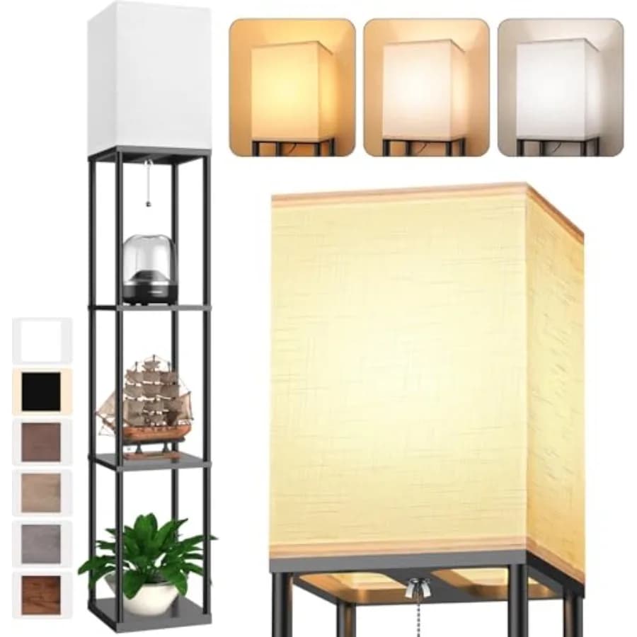 Lampada da Terra Angolare con Mensole per Soggiorno, Paralume in Lino Bianco, Lampada a LED con 3 Lampadine CCT, Etagere Organizer Tower