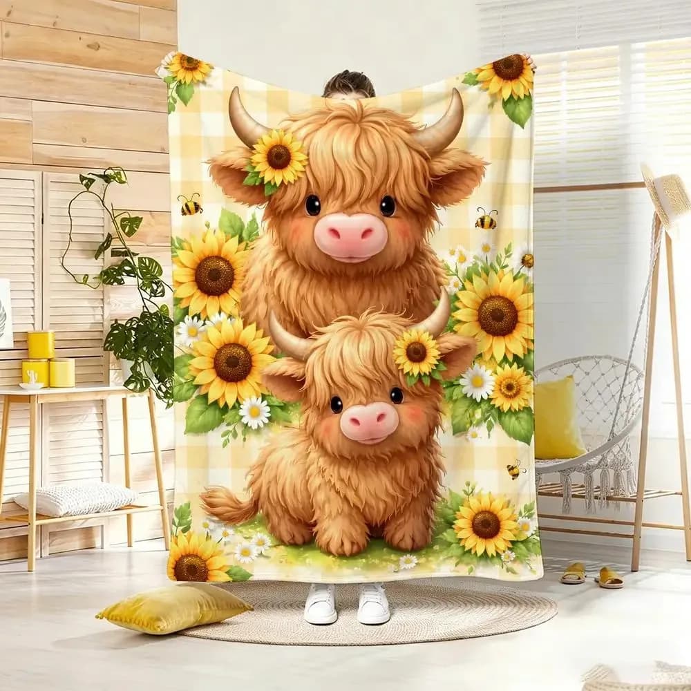 Cute Cartoon Highland Cow Throw Lightweight Flannel Blanket Soft Skin-friendly for Summer Cooling