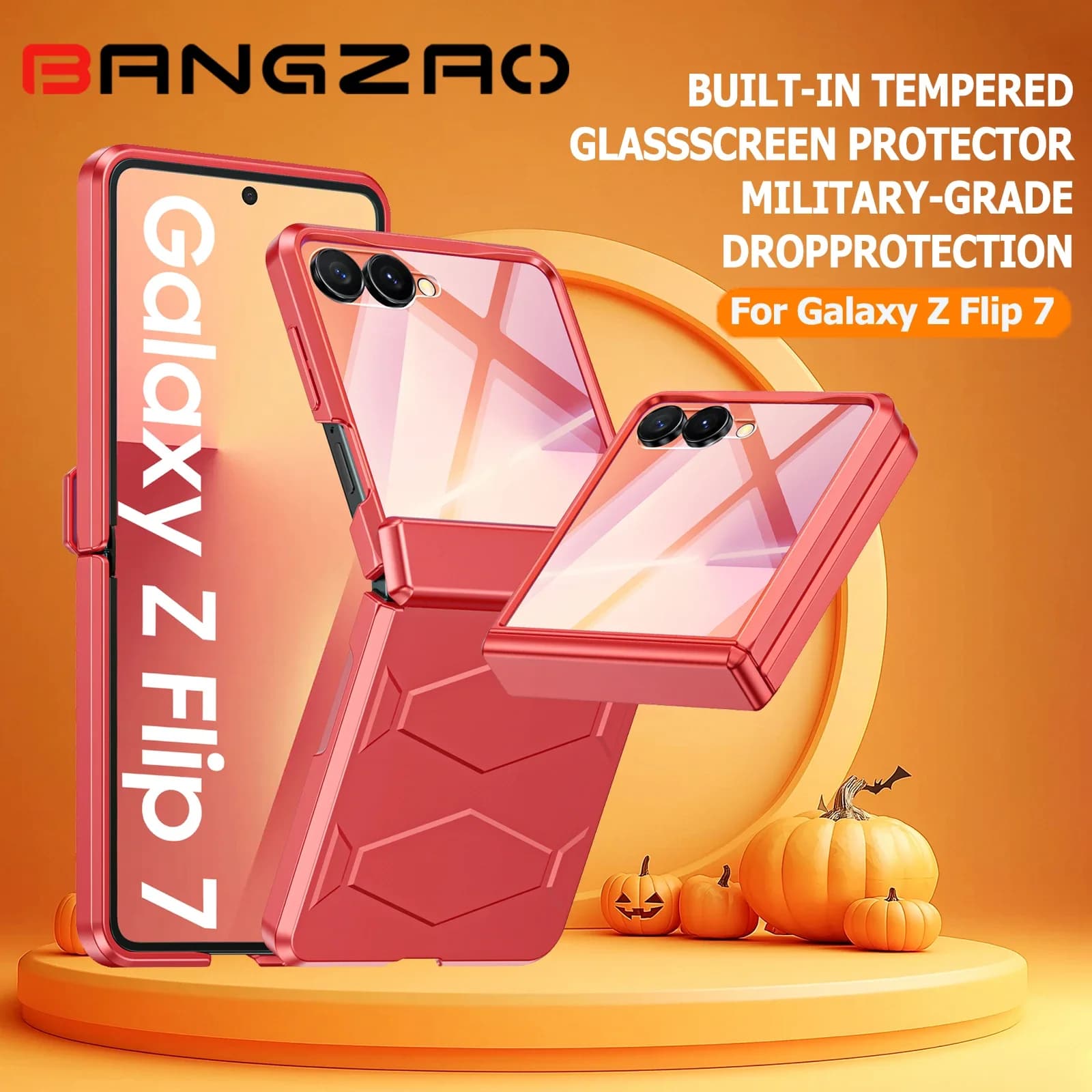 Regali di Halloween per la custodia Galaxy Z Flip 7, struttura antiscivolo, protezione robusta cerniera, ricarica wireless, custodia antiurto-arancione