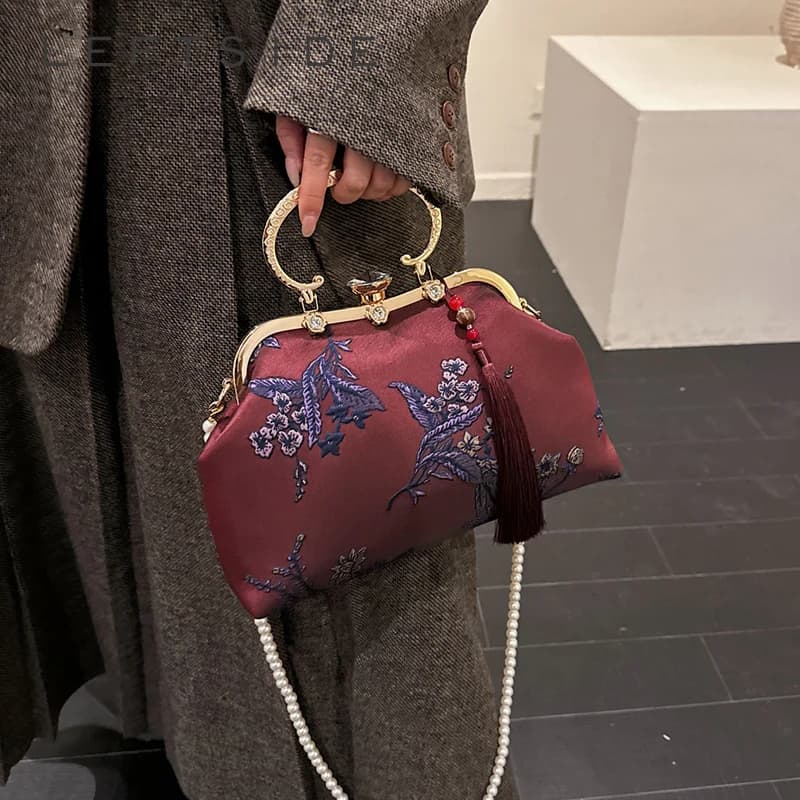 LEFTSIDE bag with golden ring handle with floral print with rhinestones and pearl chain Decoration with tassels Women's evening pochette