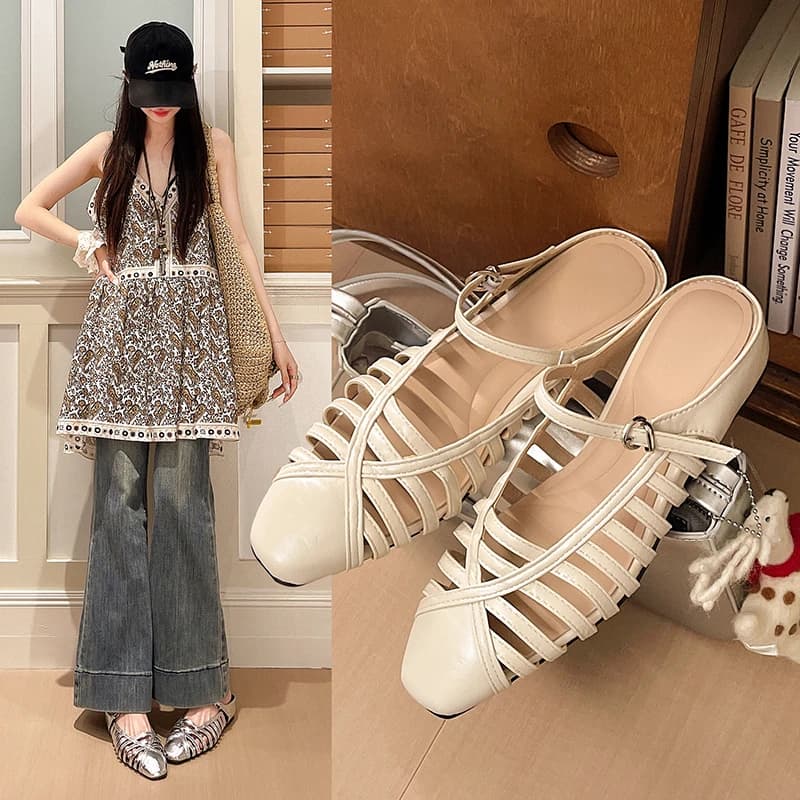 Back Open Soft Leather Single-strap Low-heel Sandals with Cut-outs, Comfortable, Slip-on for Women, Summer 2026 New Style