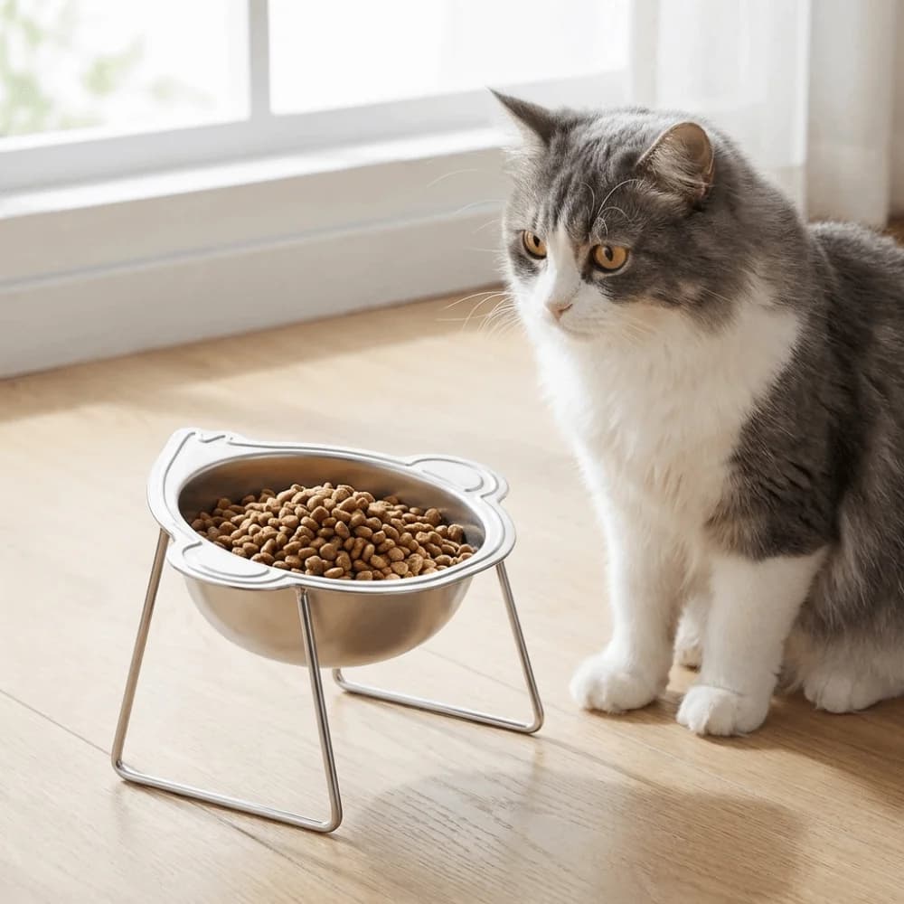 Ciotole Rialzate per Gatti in Acciaio Inossidabile a Forma di Scimmia, Protezione Collo, con Supporto e Dispenser Cibo Staccabile per Animali Domestici