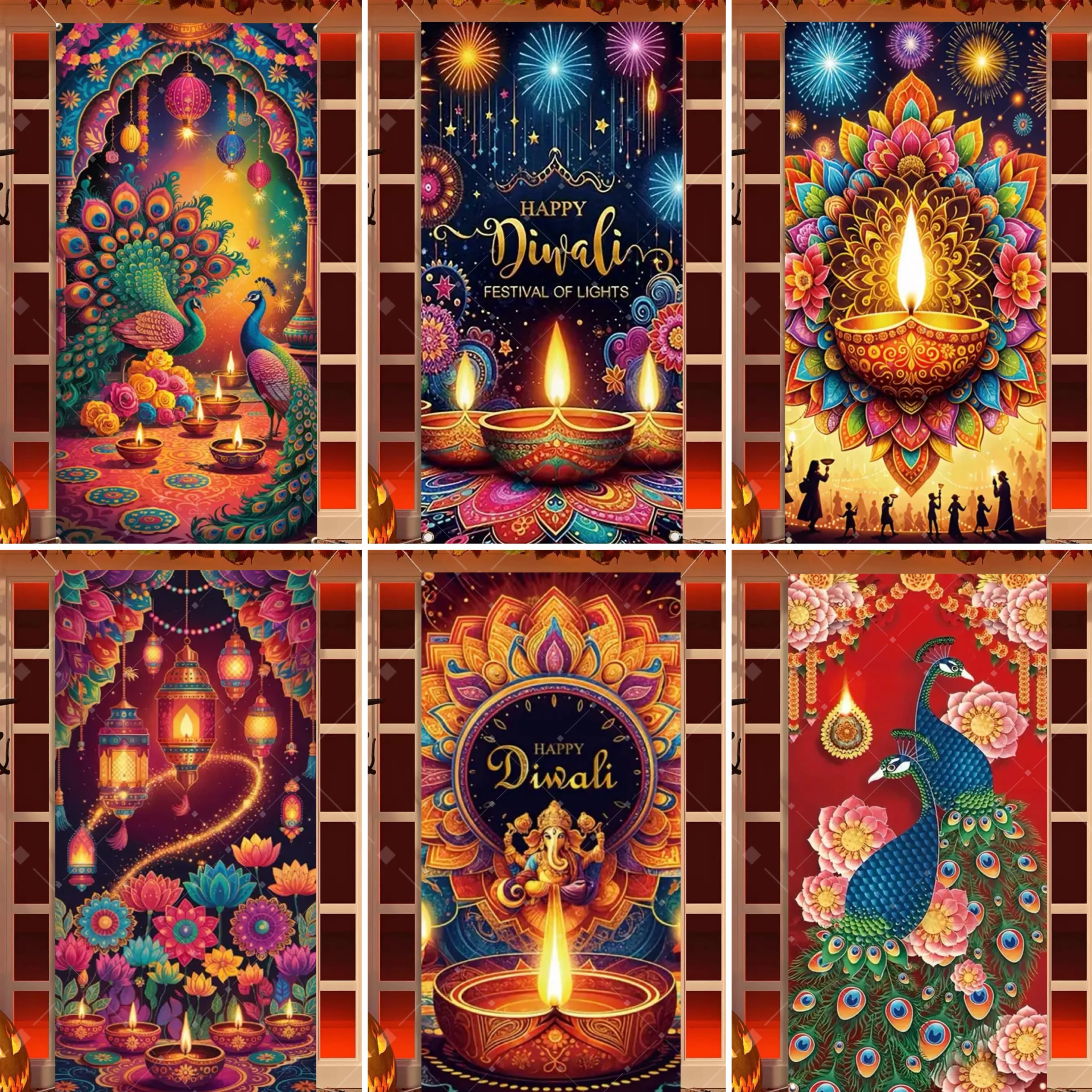 Sfondo per feste con decorazione di Diwali, candela di pavone di Diwali indiano, forniture per feste, decorazione per porte, sfondo per coperture per porte di festival