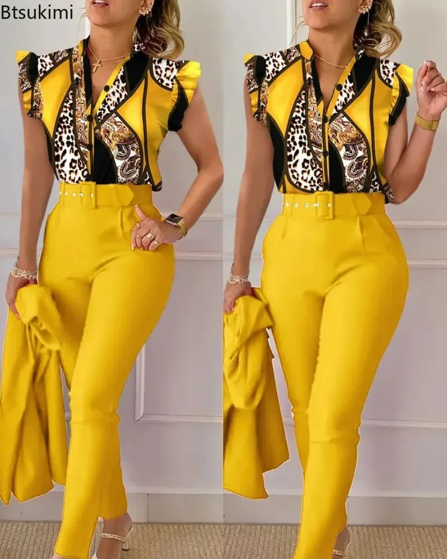 New 2026 Women's Summer Casual Sets 2PCS Printed Lotus Leaf Sleeve Top and Pants Set with Belt Female Suit Sets Outfits Workwear