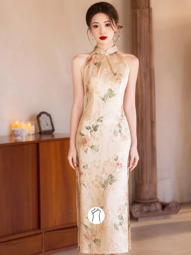 Mannings New Chinese Style Long Qipao Dress Neck Hanging Slimming Shoulder Modified Retro Floral Print Breathable Sleeveless ...