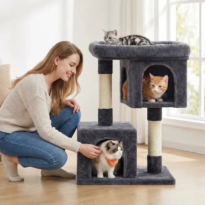 Shengze Cat Tree Tower & Cat House Combo Sisal Scratching Posts Cat Shelf Bed for Large Cats Model MX86 Modern Indoor Carton