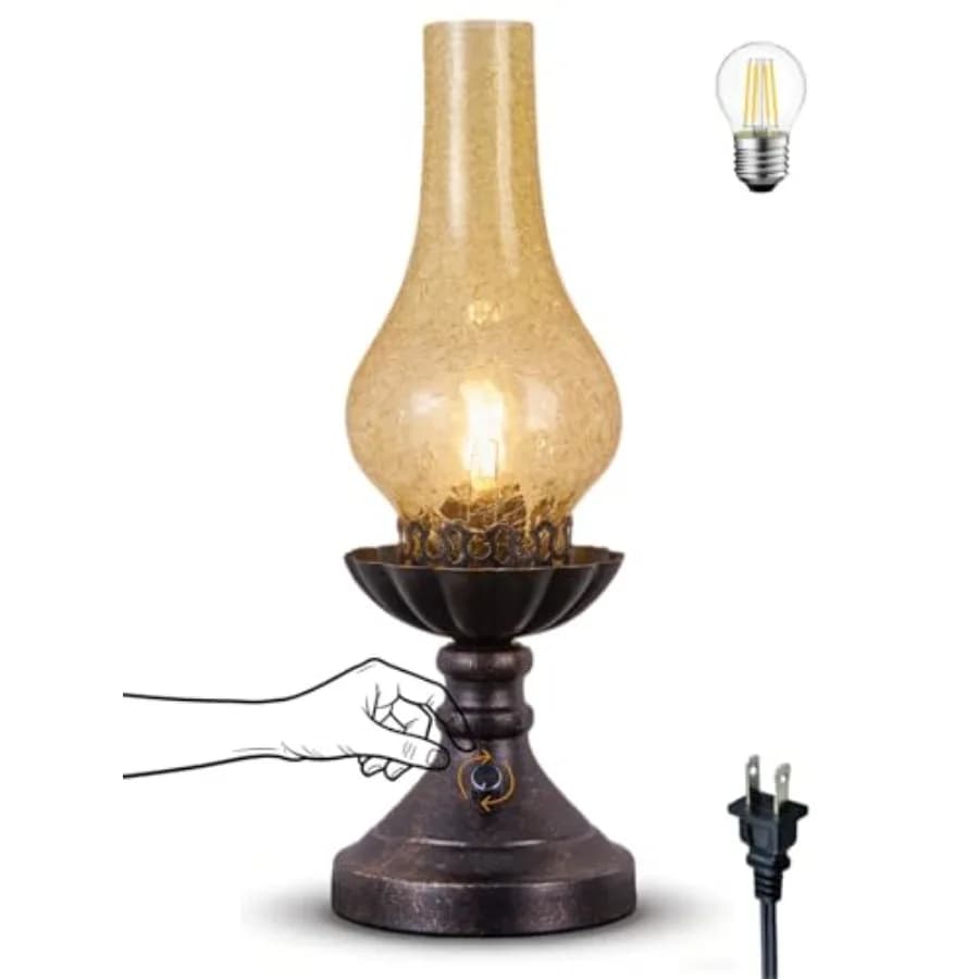 Lampada da Tavolo Vintage con Paralume in Vetro Craquelé e Interruttore a Manopola, Piccola Lampada da Scrivania Antica, Lanterna Rustica Stile Fattoria Western