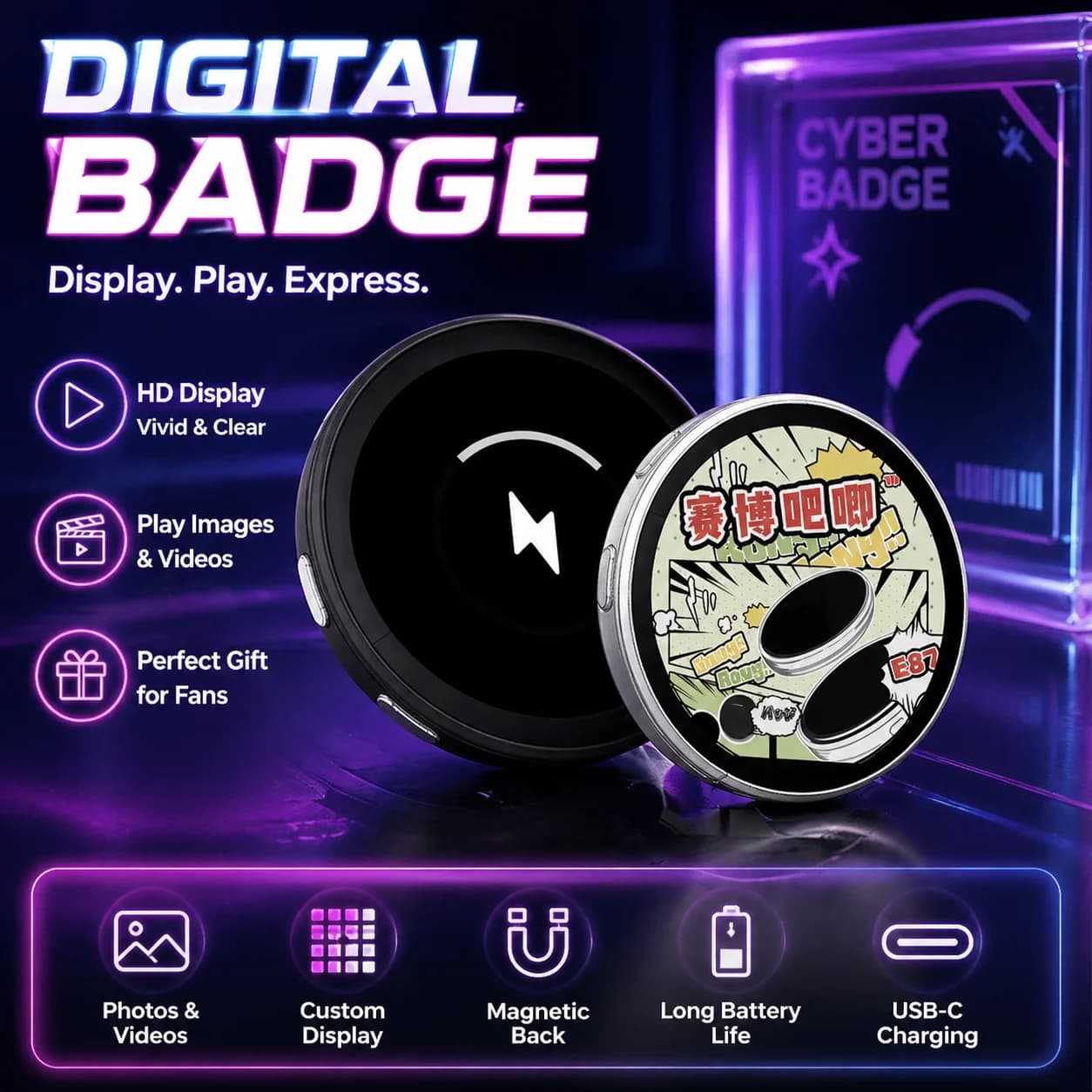 Display E-Badge Anime con Schermo Touch da 1,7 Pollici, Cornice LED per Foto con Riproduzione Video, Dropshipping