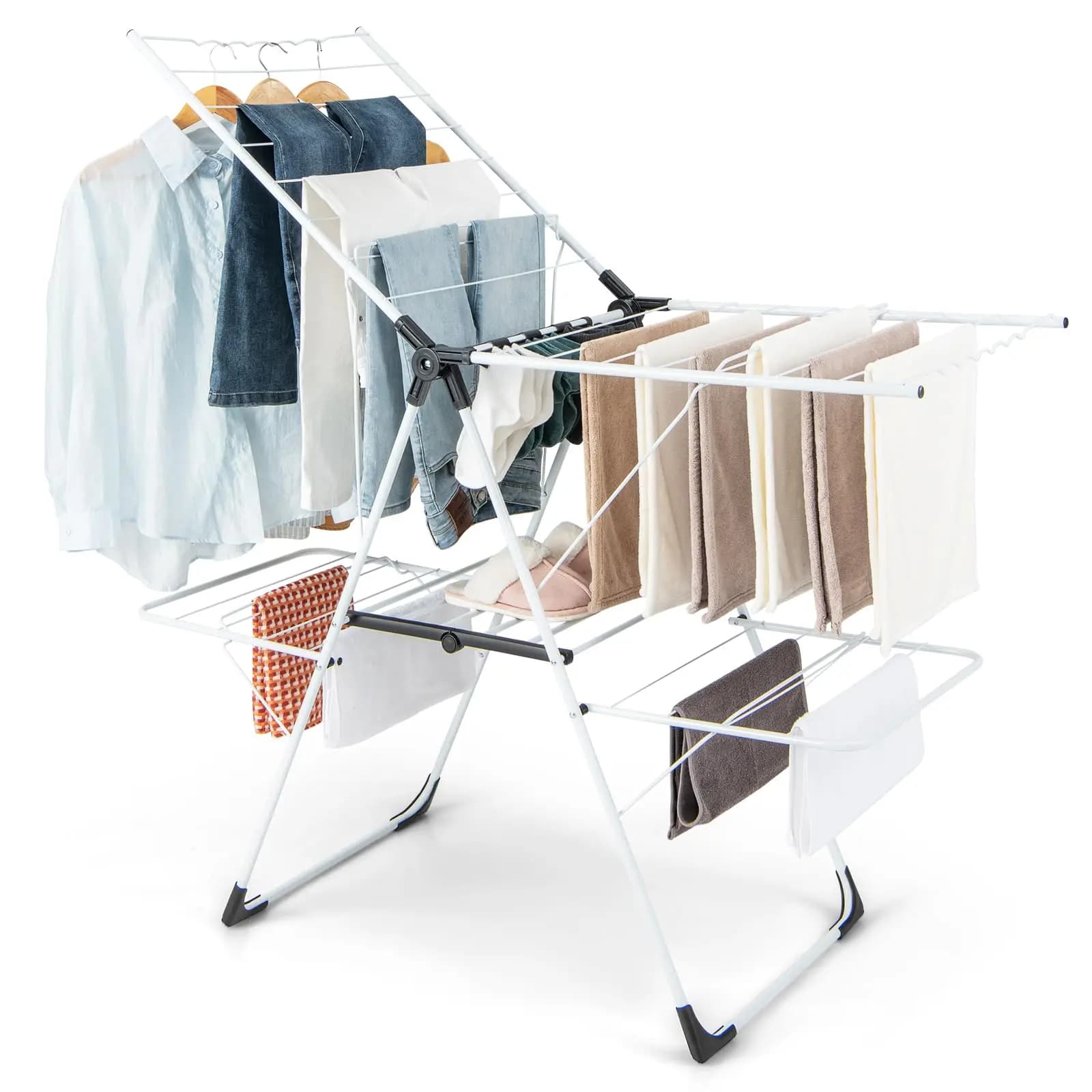 Foldable Clothes Drying Rack With Adjustable Wings 33 Rails And Sock Clips Freestanding Gullwing Garment Stand Indoor Outdoor