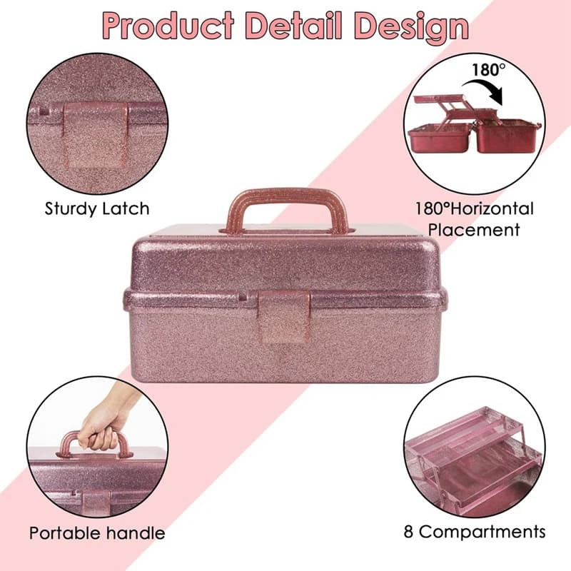 AA08I Pink and Craft Glittered Tool Box, 3 Layer Stackable Transport Equipment Box, Sewing Box, Art Organizer