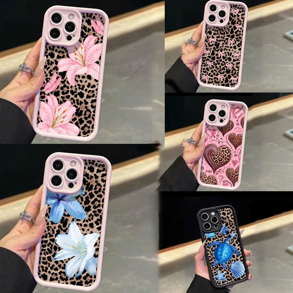 Phone case with print pattern leopard flower lily with pink bow for iPhone 17 16 15 14 13 12 11 Pro Max XS X XR 7 8 Plus 16E 17 Air Cover