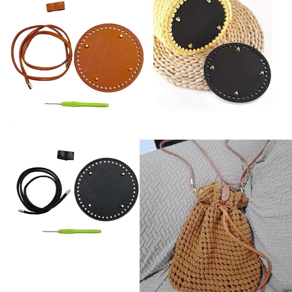 Set 4 Pezzi: Fondo Rotondo 15cm + Cordino + Uncinetto + Accessori per Creazione Borse Fai-da-Te, Set Accessori per Fondo Borsa e Cordino