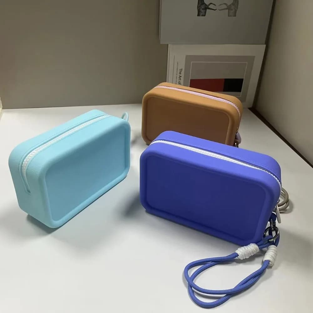 Portafoglio Quadrato alla Moda in Silicone Tinta Unita con Cinturino da Polso, Portamonete con Cerniera, Borsa Cosmetica, Custodia per Auricolari