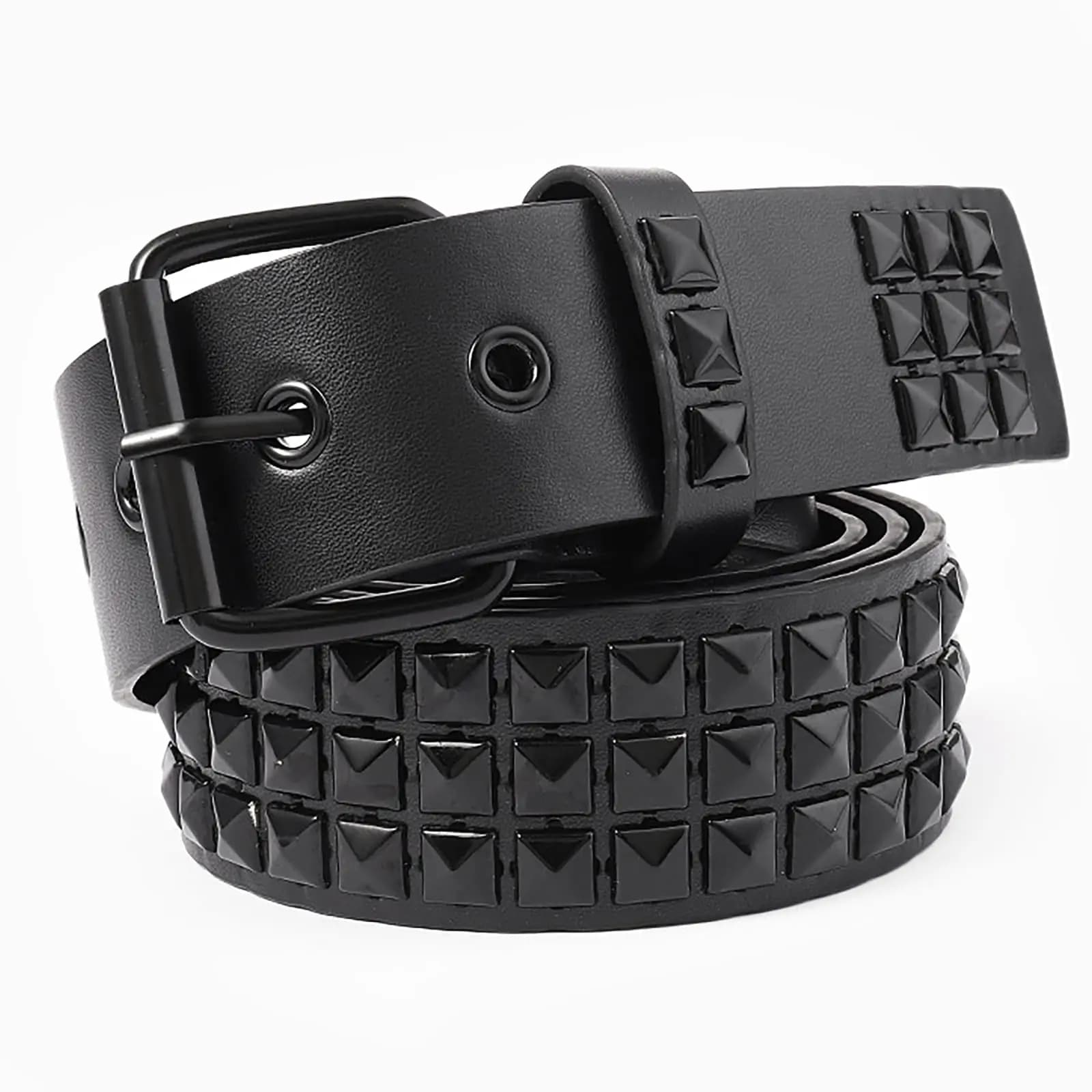 Cintura Nera con Tre File di Borchie Stile Punk alla Moda per Uomo e Donna, Cintura Rock Metal