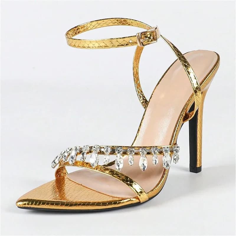Sandali sexy con tacco dorato per donna Cinturino alla caviglia con strass di lusso Punta aperta Eleganti tacchi alti Scarpe eleganti per banchetti per feste di moda