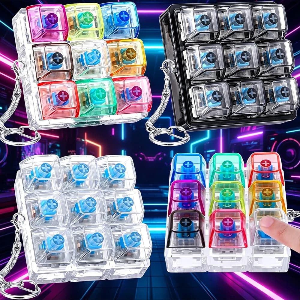 1-20PCS Creative Transparent Stress Relief Mechanical Keyboard Tester Gift LED Fidget Keychain with 9 Buttons Keyring for Kids