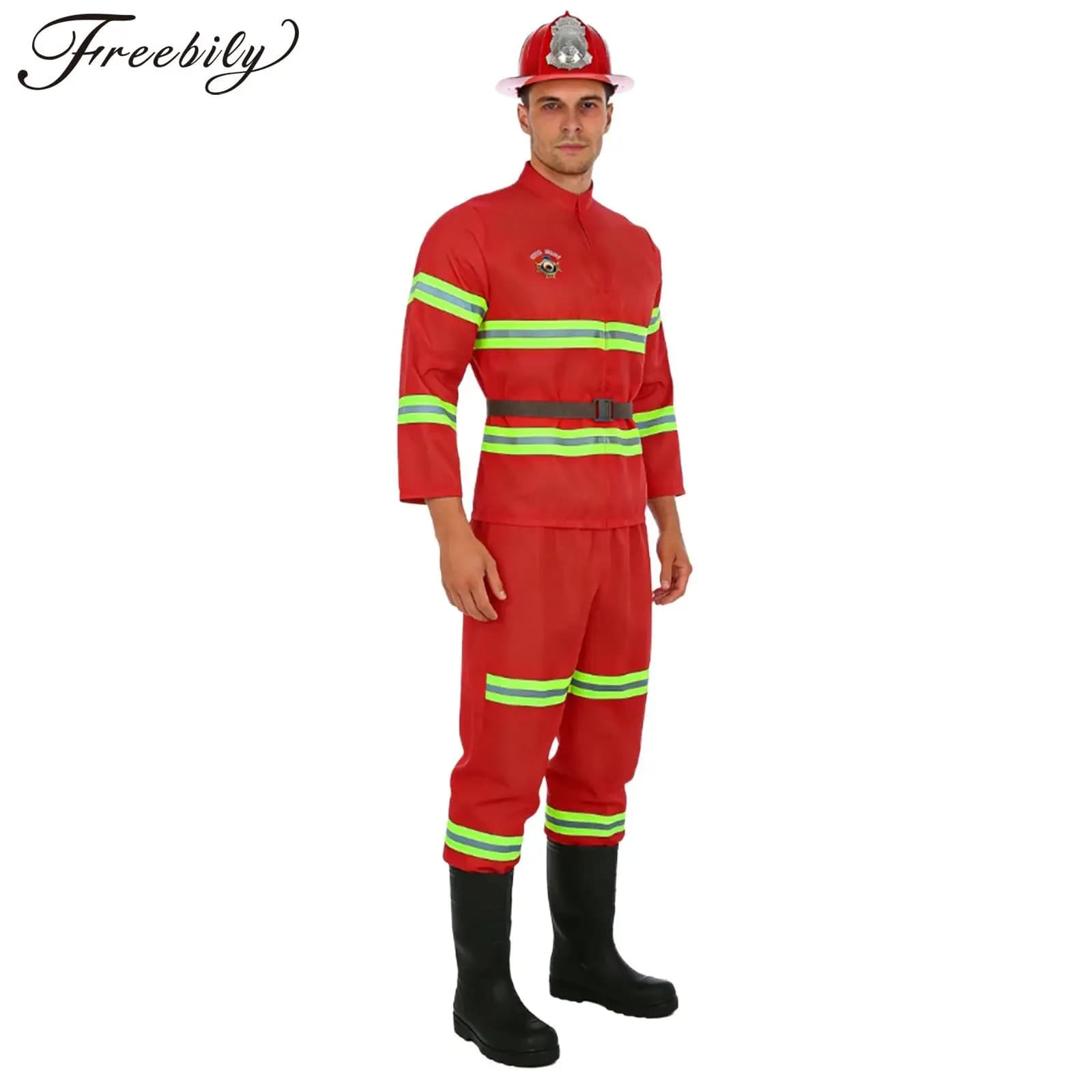 Men's Fireman Costume, Halloween and Carnival, Long Sleeved Jacket with Pants, Belt, Plastic Helmet and Reflective Strips