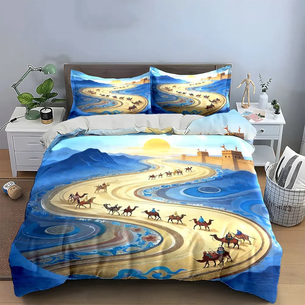 Set di biancheria da letto con stampa artistica Silk Road, morbido e confortevole, include 1 copripiumino e 2 federe, regalo