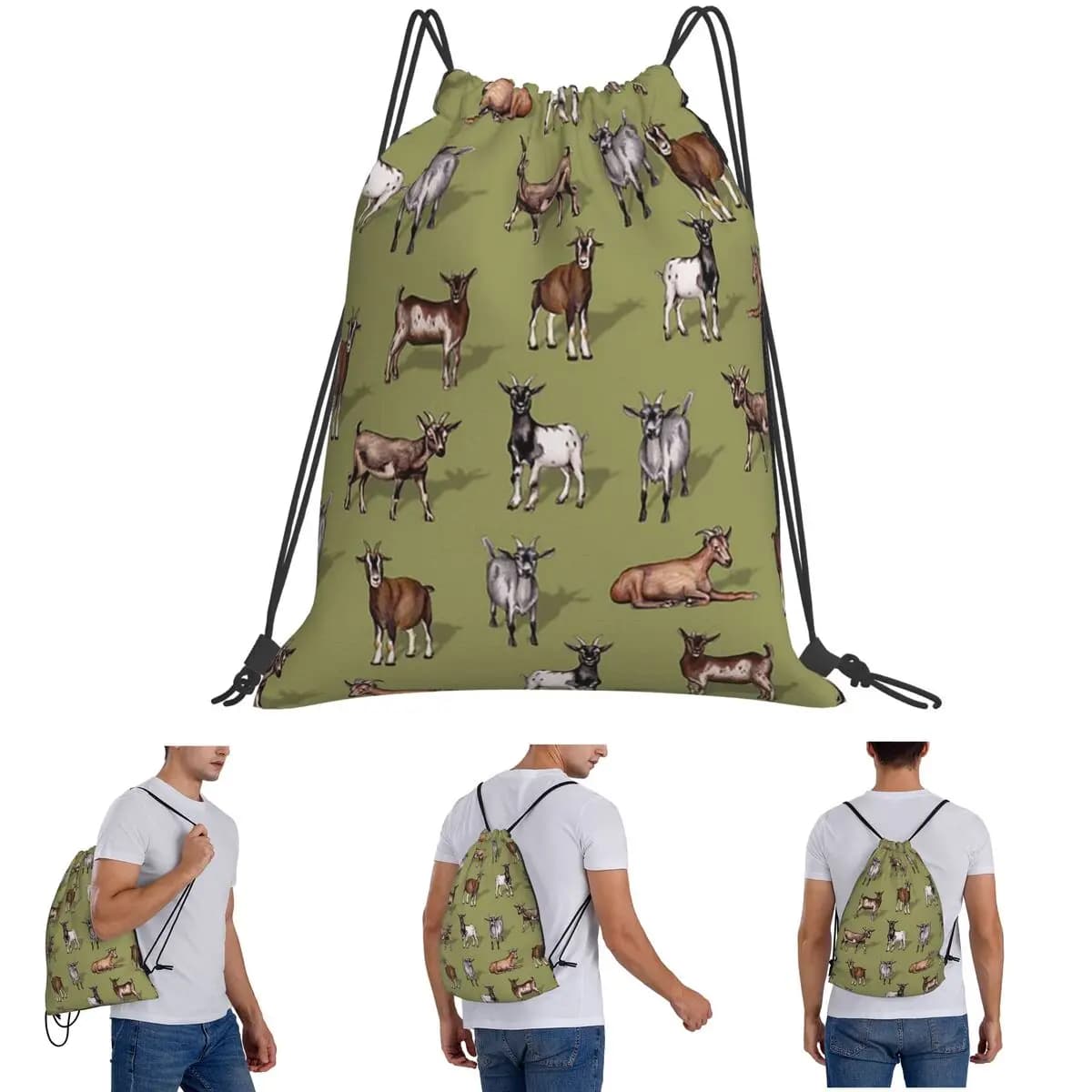 Tiny Goats On Green - Zaini con motivo a forma di allevamento di capre, borse casual con coulisse, borse sportive, borse per libri, per uomo, donna, scuola