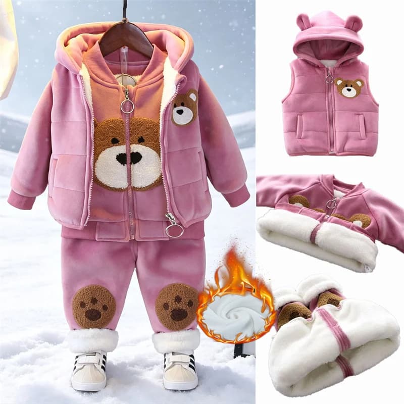 Boys Girls Lambswool Sets Kids Thickened Winter Warm Suits Children Plush Velvet Jacket+Vest+Pants 3Pcs Outfits Hooded Clothing
