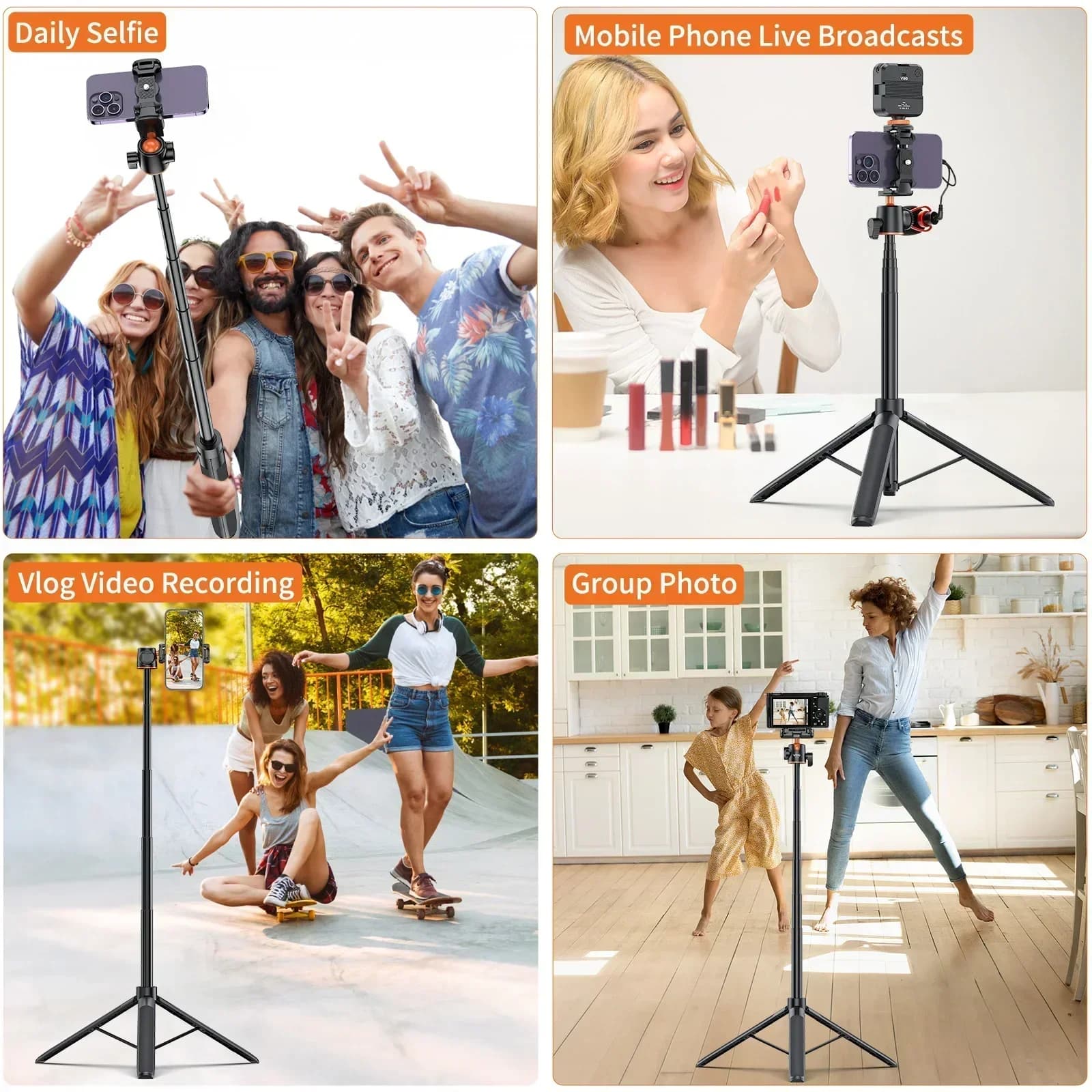 VRIG TP-16 Supporto per treppiede per selfie stick da 140 cm/55 pollici con supporto per telefono con testa a sfera flessibile Connessione a vite da 1/4 di pollice per smartphone