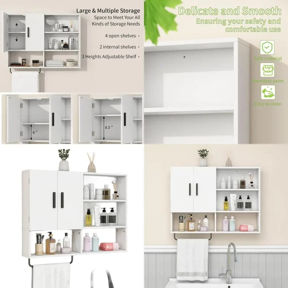 Mobiletto Bianco in Legno da Posizionare Sopra il WC con 2 Ante, Ripiani Regolabili e Portasciugamani per Bagno, Cucina e Lavanderia